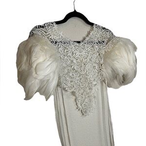 Handmade White Eyelet Lace Feathered Shoulder Wings Shawl Top Burning Man Style